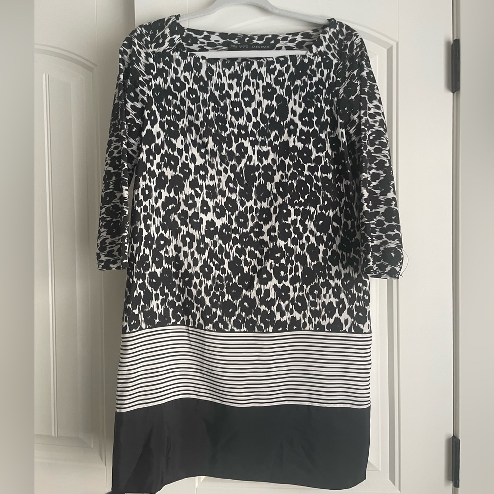 Zara Mixed Media Leopard Shift Dress Medium Black White Pockets 3/4 Sleeve